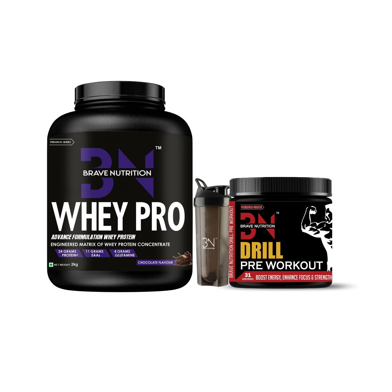 Brave Nutrition Premium Whey Pro 2 KG + Drill Pre Workout + Shaker ...